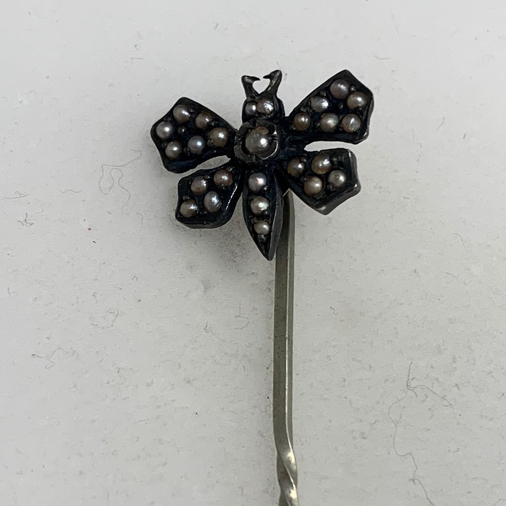 Vintage Butterfly Stick Pin Seed Pearl Antique Silver Tone Lapel Pin 4692